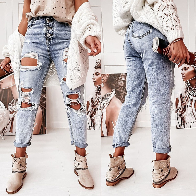 2023 New Women Fashion Mid Waist Boyfriend Big Ripped Hole Jeans Casual High Street Denim Pants Sexy Vintage Pencil Calca Jeans